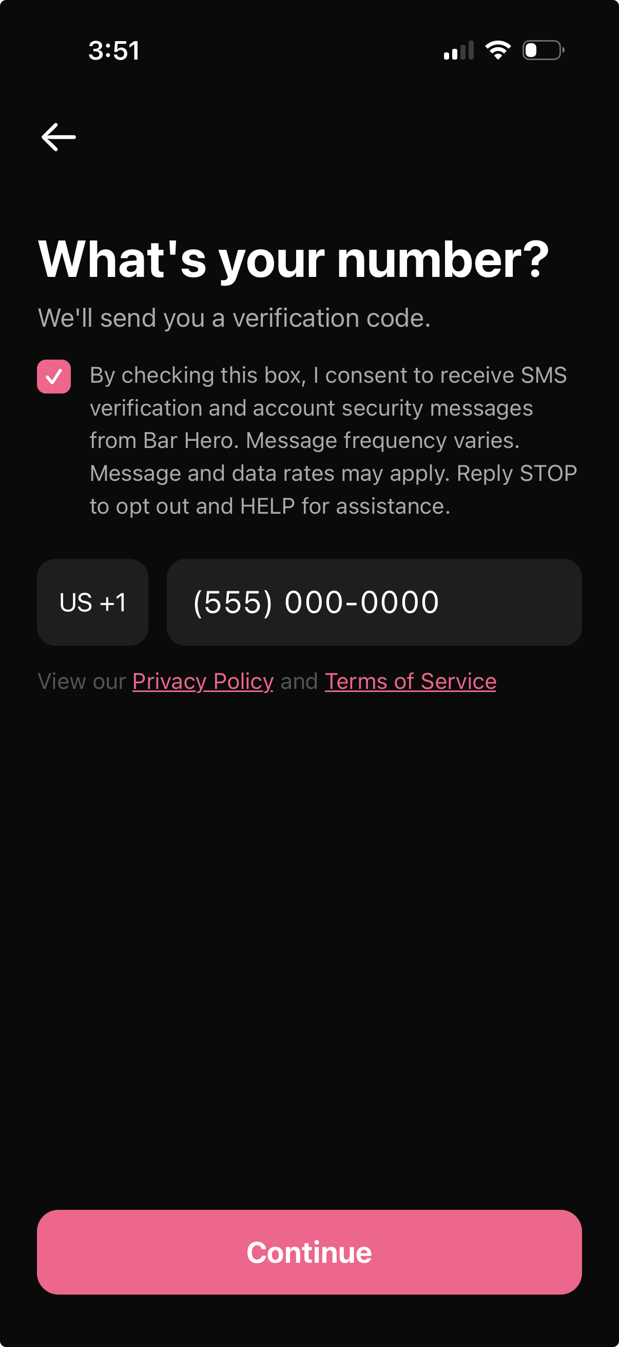 Bar Hero consent checkbox checked, Continue button active