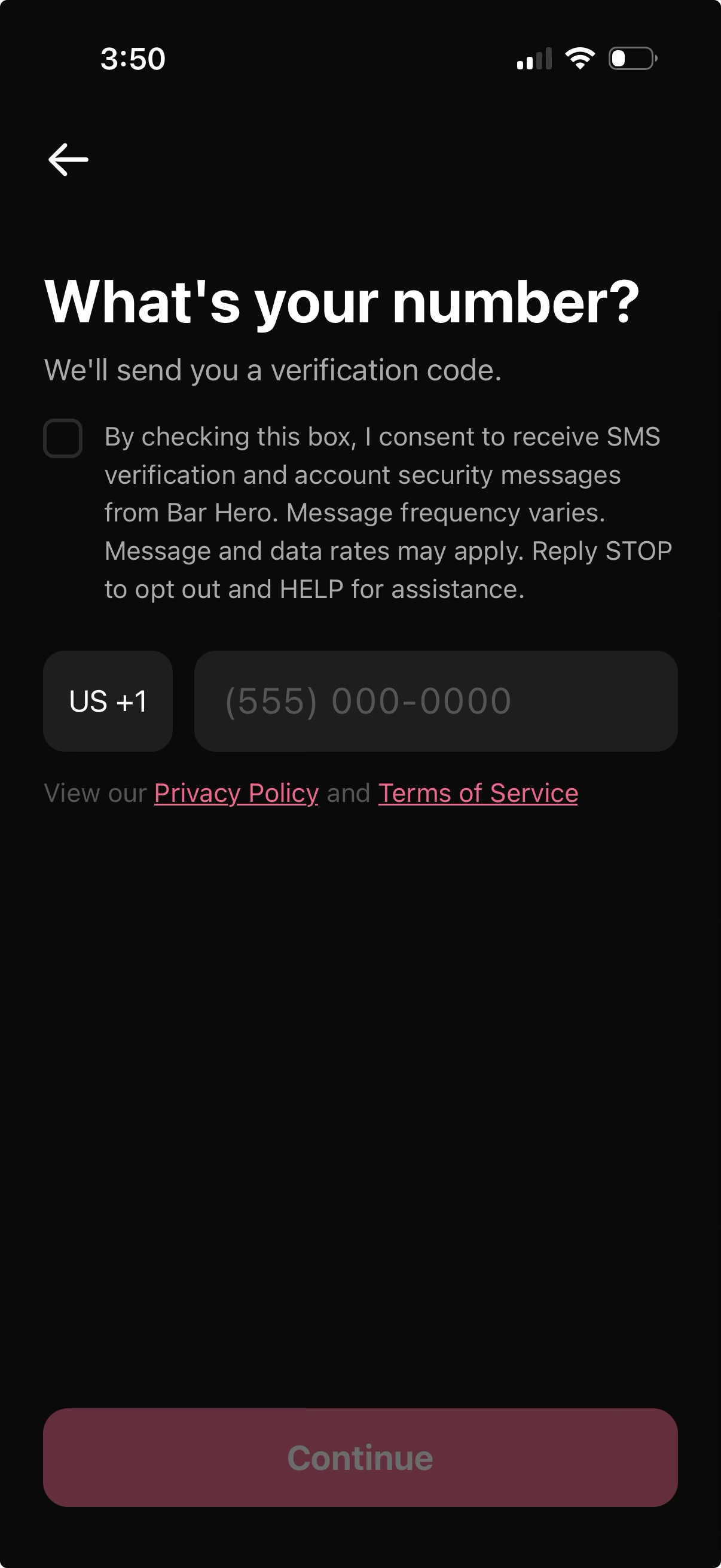Bar Hero phone number entry with unchecked consent checkbox