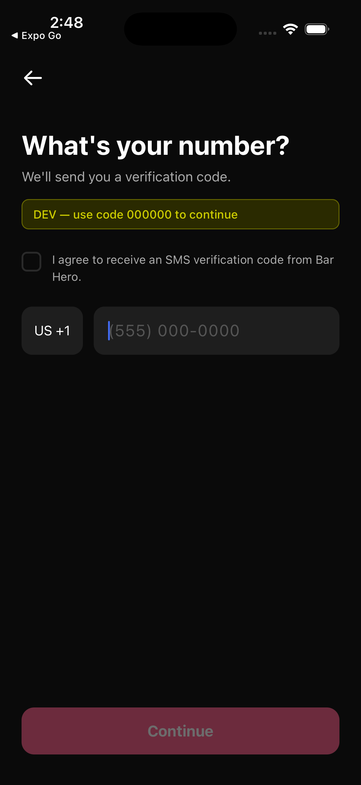 Bar Hero SMS consent screen